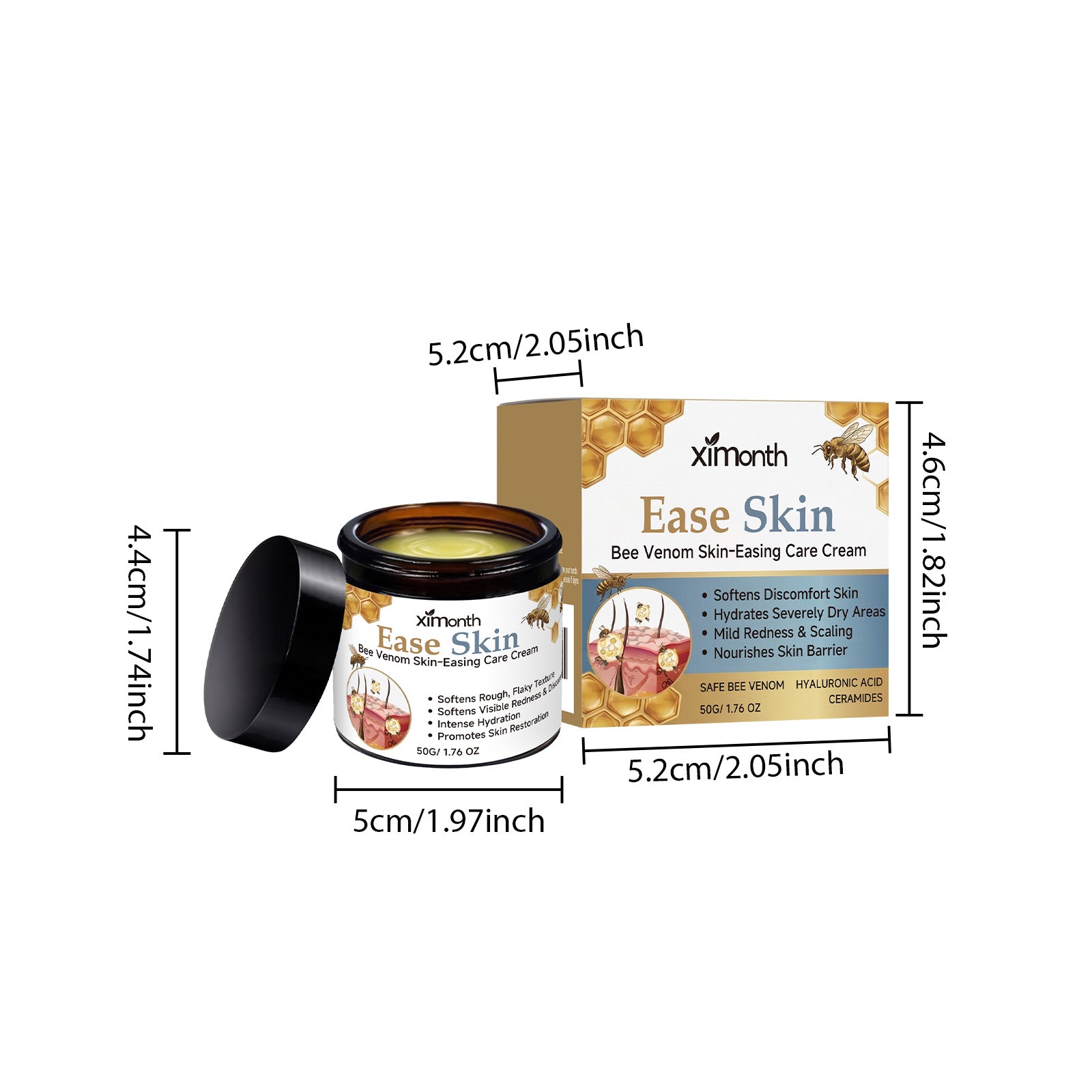 50g honey body cream Ease Skin jar and carton with dimensions