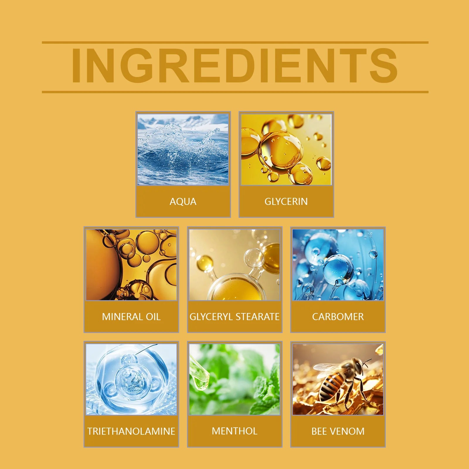 Key ingredients of Ximonth Bee Venom Joint Relief Cream – Bee Venom, Menthol, Salicylic Acid, Peppermint Extract