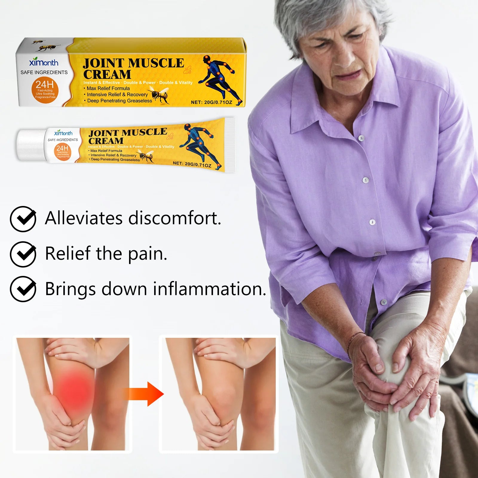Before and after using Ximonth Joint Muscle Cream on knee joint for pain relief