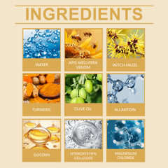 Magnesium spray ingredients including magnesium chloride, turmeric, witch hazel, olive oil and bee venom