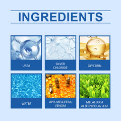 Ingredient panel for XIMONTHS Bee Venom Nail Care Serum for Nail Defense, showing urea, silver chloride, glycerin, bee venom and tea tree
