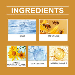 Ingredient panel for XIMONTHS Bee Venom Joint Relief Balm for Massage, showing bee venom, arnica, glucosamine and vitamin K2