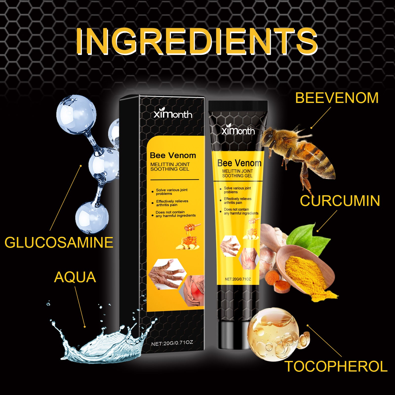 Ingredients of Melittin Bee Venom Joint Soothing Gel including melittin, bee venom, and natural extracts