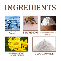 Ingredients for knee joint pain relief including aqua, bee venom, sodium chondroitin sulfate, arnica montana flower extract, glucosamine.