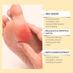 Foot-care illustration with tea tree, bee venom and safflower descriptions