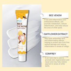 White-spot cream feature graphic naming bee venom, safflower and comfrey