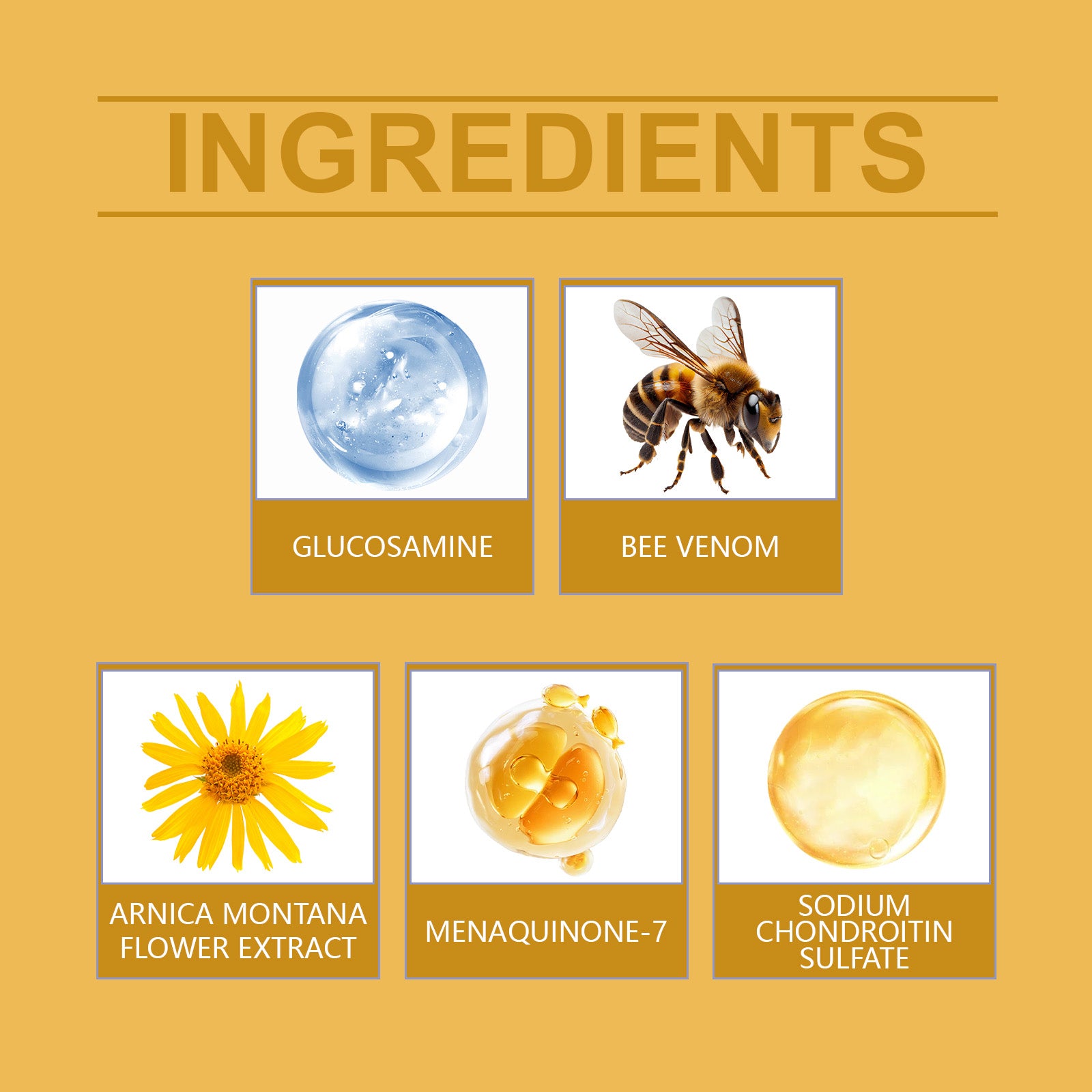 Bee Venom Joint Care Cream with Glucosamine and Arnica key ingredients: glucosamine, bee venom, arnica extract