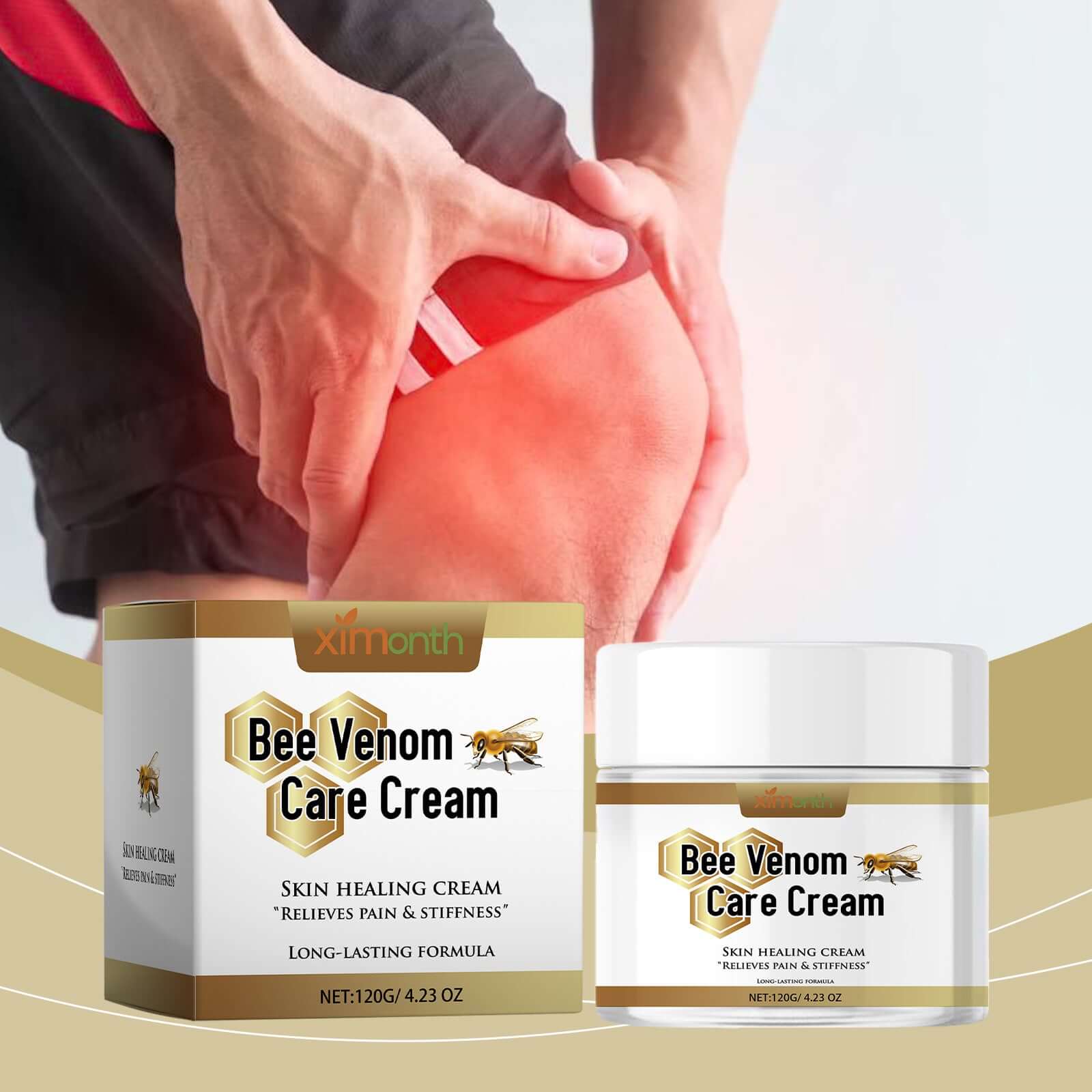 Bee venom treatment cream for joint pain packaging next to person applying cream to knee for pain relief.