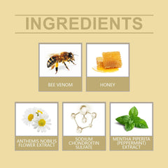 Bee venom treatment cream for joint pain ingredients including bee venom, honey, chamomile, and mentha piperita.