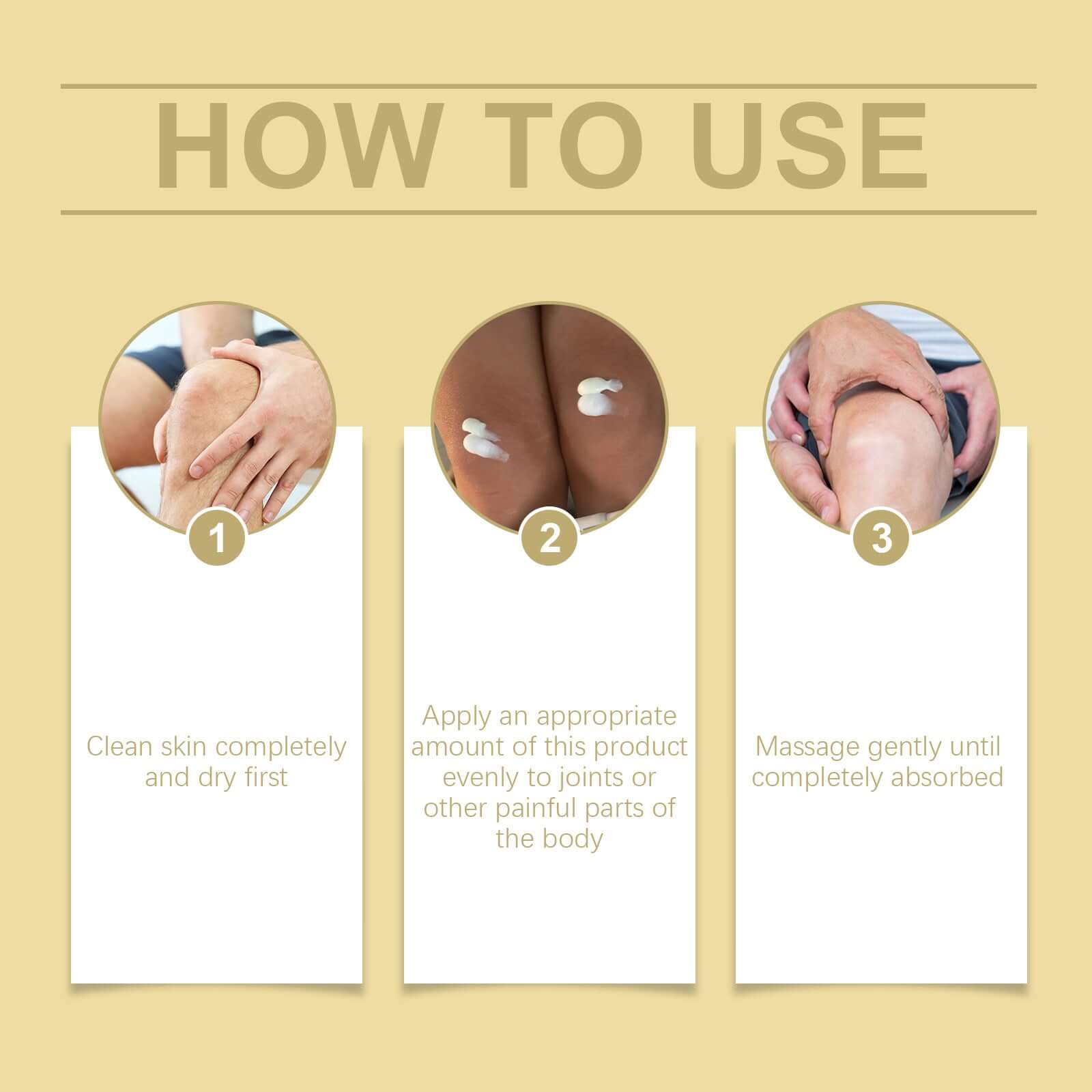 How to use bee venom treatment cream for joint pain: clean skin, apply cream, and massage gently.