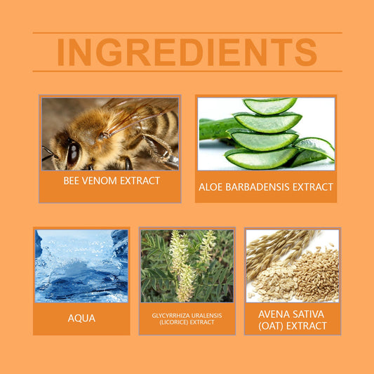 Licorice cream ingredient panel with licorice, oat, aloe, bee venom and water