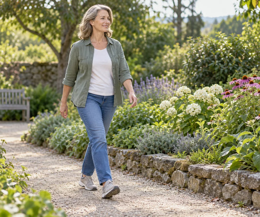Adult walking at a relaxed pace along a garden path