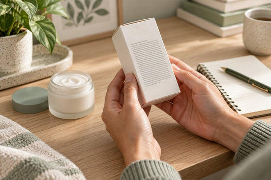 Hands examining a generic skincare carton beside a cream jar and notebook