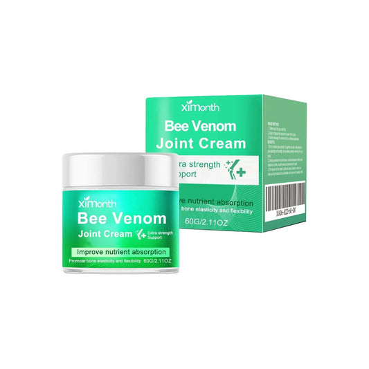 Ximonths bee venom joint cream package beside a seated person with shoulder discomfort