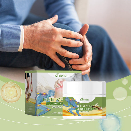 Bee Venom Pain Relief Cream for natural joint care with packaging and application shown.