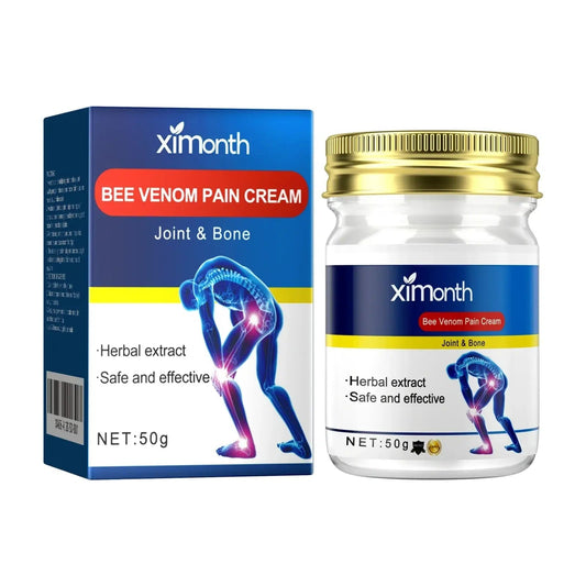 Ximonths bee venom pain cream package and jar with joint and bone illustration