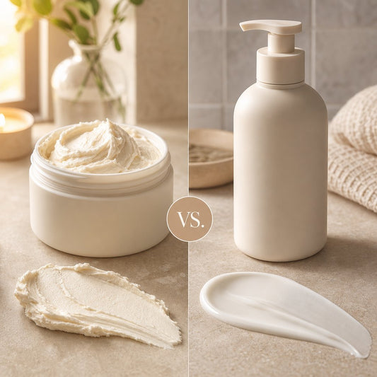 Illustration comparing a thick body-butter swatch and jar with a fluid lotion swatch and pump bottle