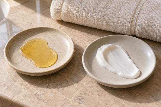 Golden body oil and white lotion on separate ceramic dishes beside a cotton towel