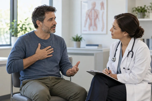 Adult describing chest discomfort during a consultation