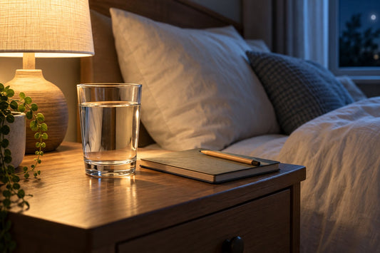 Glass of water and a notebook on a bedside table beside a softly lit bed