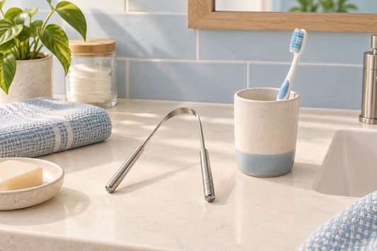 Illustration of a U-shaped tongue scraper beside a soft toothbrush and a cup