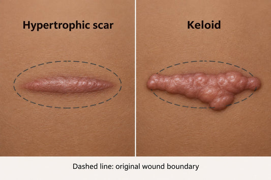 Scar comparison illustration: hypertrophic scar within a dashed wound boundary and keloid extending beyond it