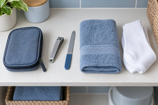 Illustration of a personal nail-care kit with clippers, a file, pouch, clean towel and socks