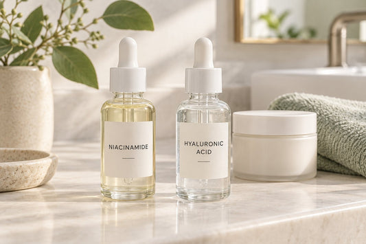 Illustration of generic niacinamide and hyaluronic acid bottles beside moisturizer and a towel