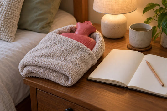 Hot-water bottle wrapped in a towel beside a blank journal and pencil