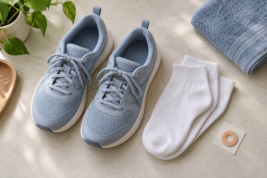 Illustration of walking shoes, clean socks, a personal towel and a ring-shaped cushioning pad