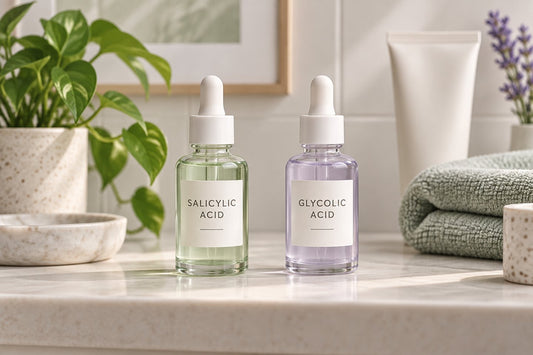 Illustrated skincare bottles labeled salicylic acid and glycolic acid beside a towel and moisturizer
