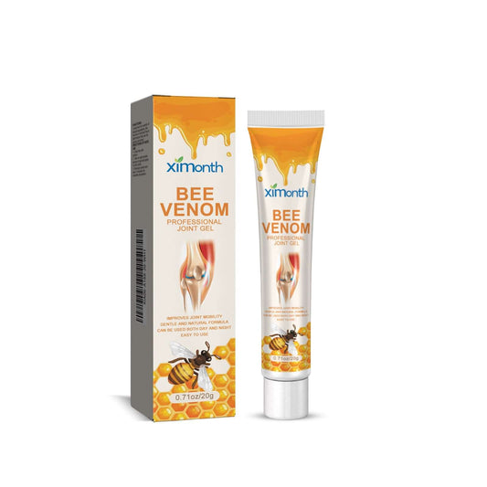 Ximonths bee venom joint cream package beside a person with back discomfort