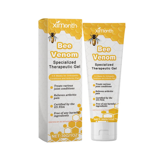 Ximonths bee venom revitalizing therapy gel tube and box with knee joint illustration
