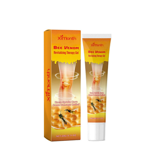 Ximonths bee venom knee therapy gel package with highlighted knee joint illustration