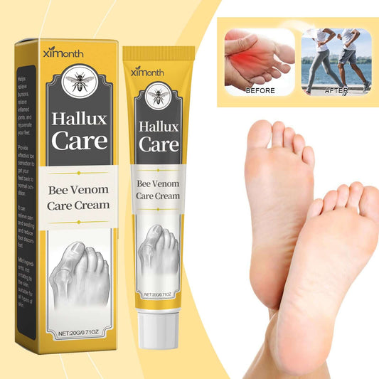 Best anti inflammatory medicine for joint pain: Hallux Care Bee Venom Care Cream packaging and feet image.