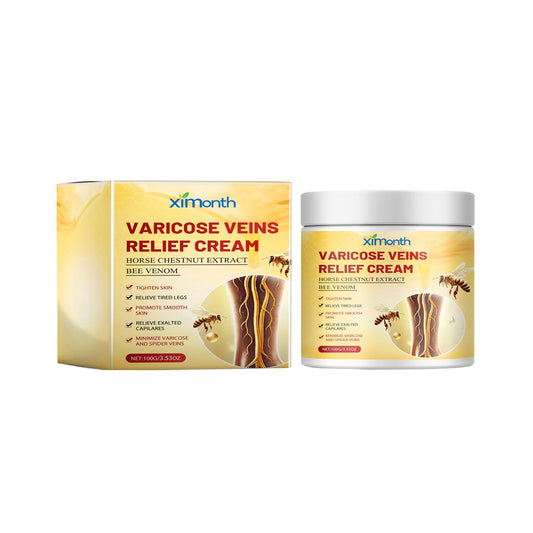 Ximonth leg-care cream jar and gold box with leg illustration
