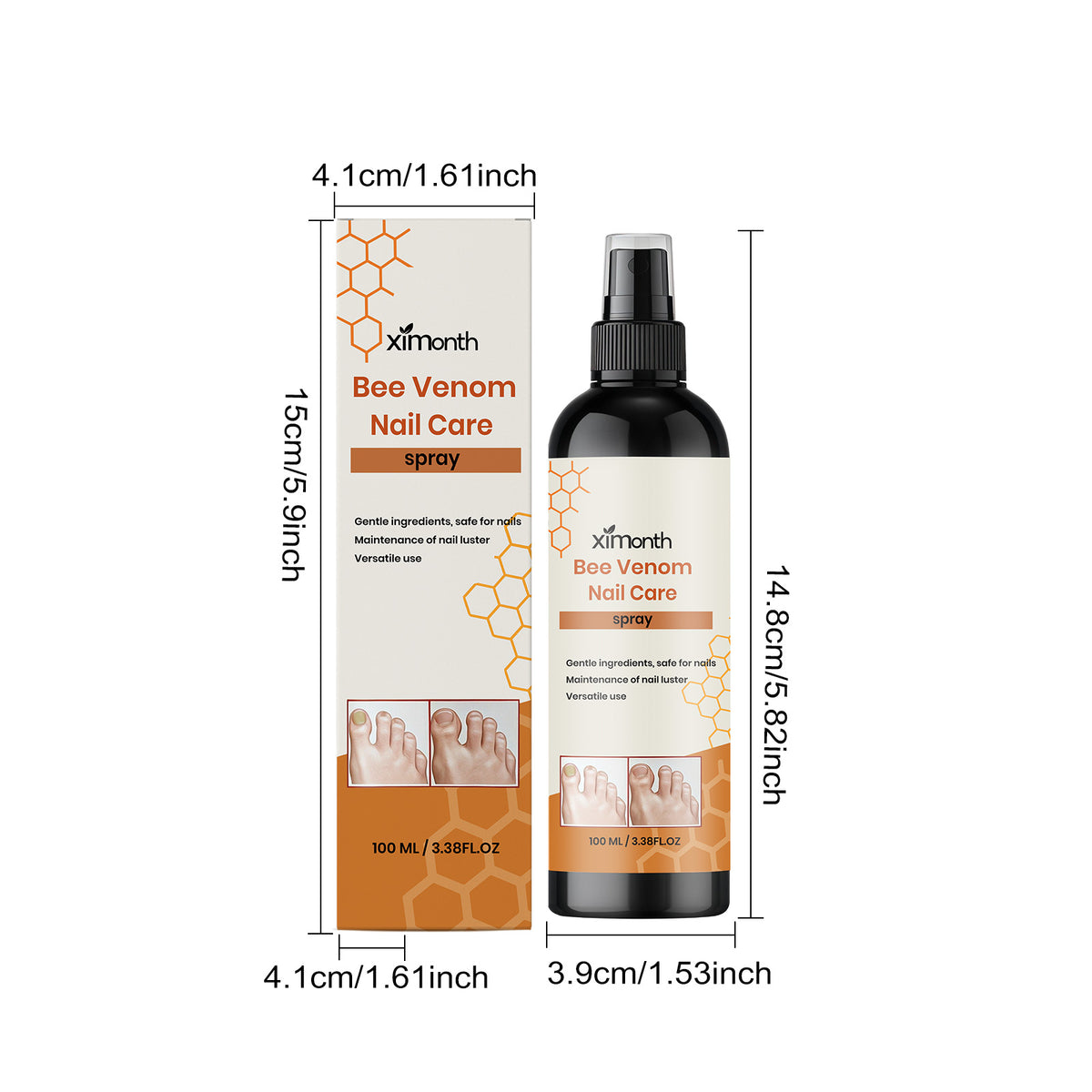 100ml nail care spray bottle and carton with dimensions