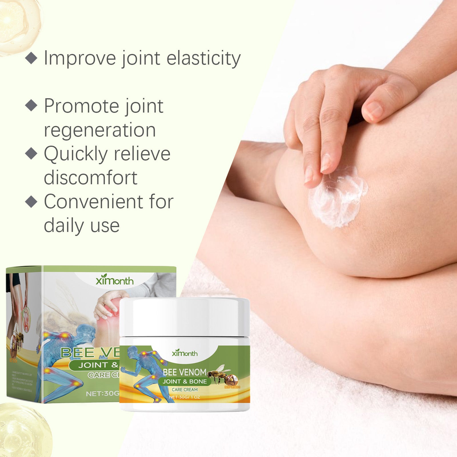 Close-up of knee with Ximonths Bee Venom Joint Relief Cream being applied, improves joint elasticity, promotes joint regeneration, quickly relieves discomfort, convenient for daily use