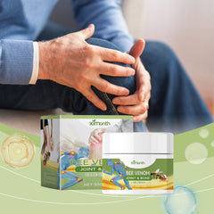 Man holding knee in pain with Ximonths Bee Venom Joint Relief Cream nearby, ideal for office workers and sore joints