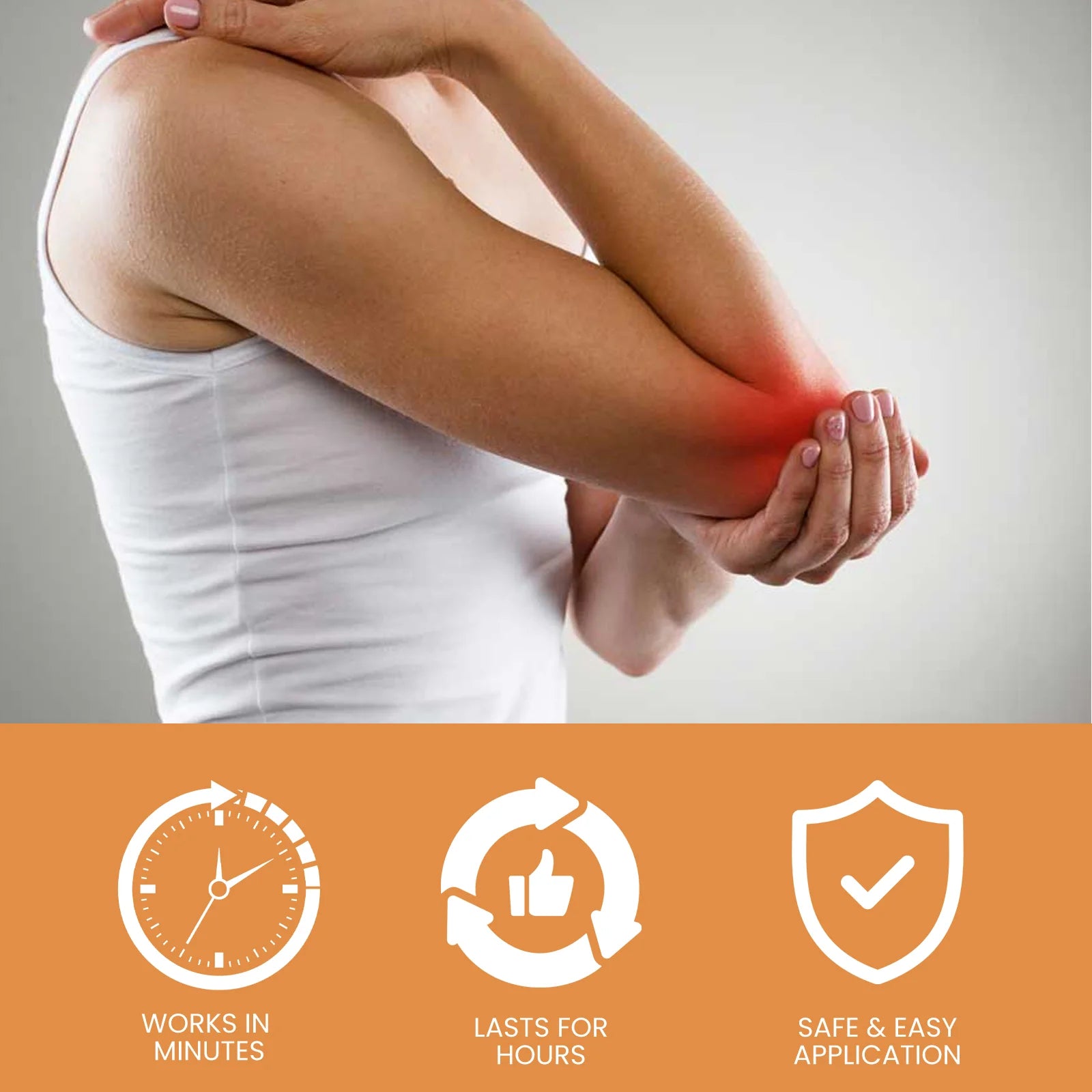 Applying Bee Venom Joint Care Spray on elbow – Safe for 40+ adults, provides long-lasting relief and joint support