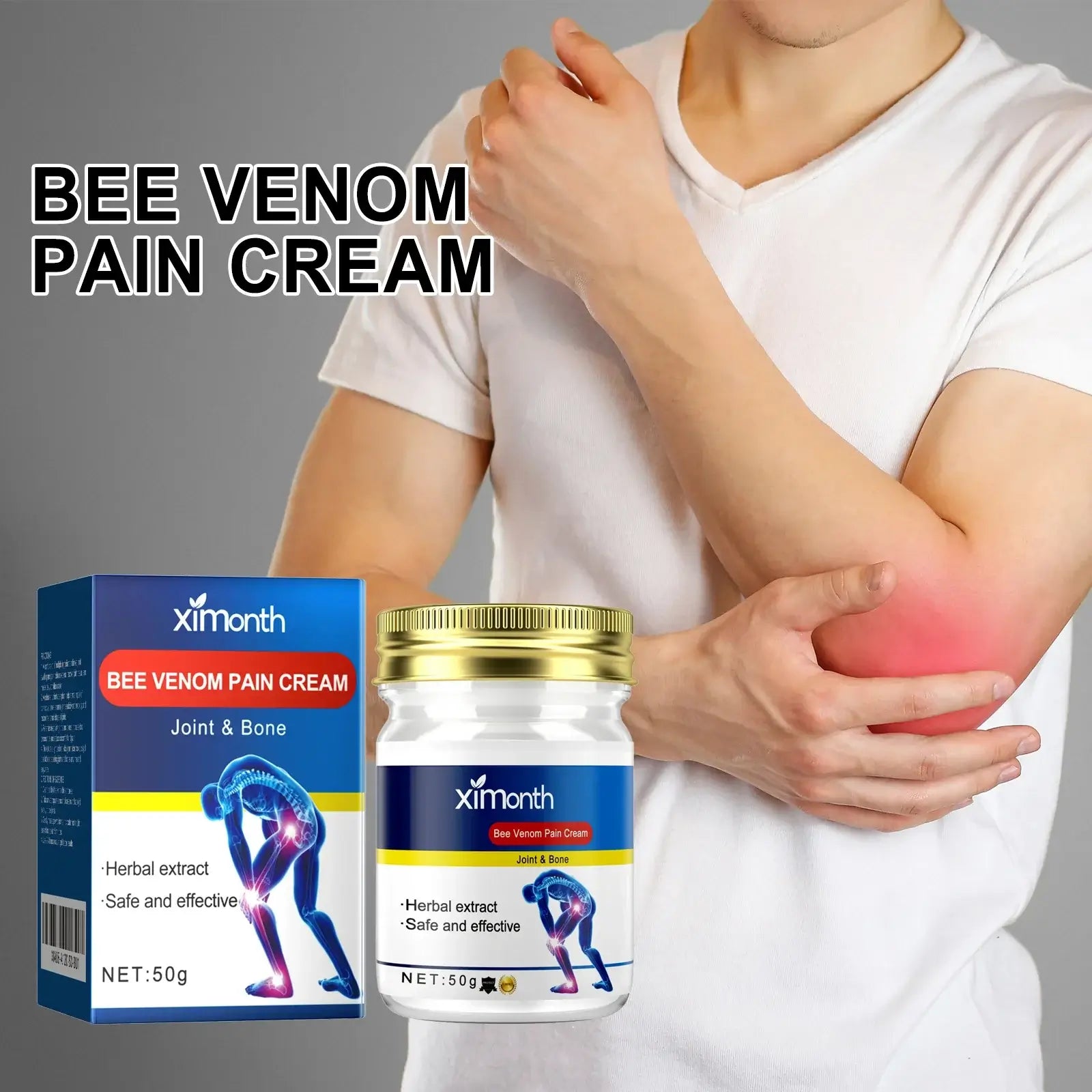 Applying Ximonth Bee Venom Joint Care Cream on swollen elbow to relieve discomfort and improve joint mobility
