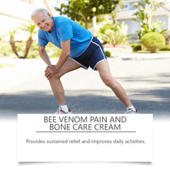 Elderly performing leg stretch with Ximonth Bee Venom Cream to relieve joint and muscle discomfort