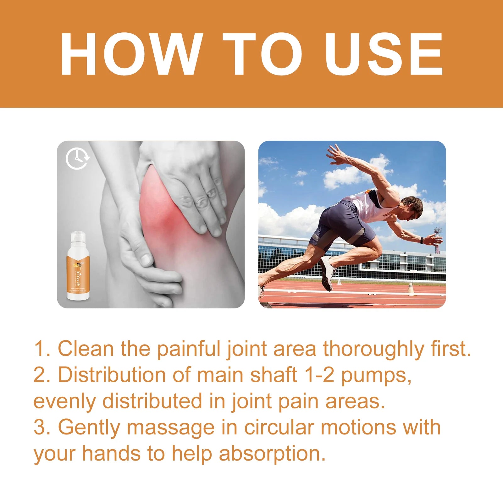 Step-by-step instructions: spray Bee Venom Joint Care on affected joints and massage gently for absorption