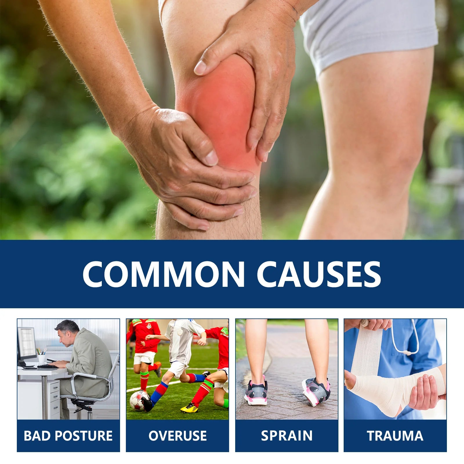 Applying Ximonth ointment on knee and highlighting four common joint pain areas
