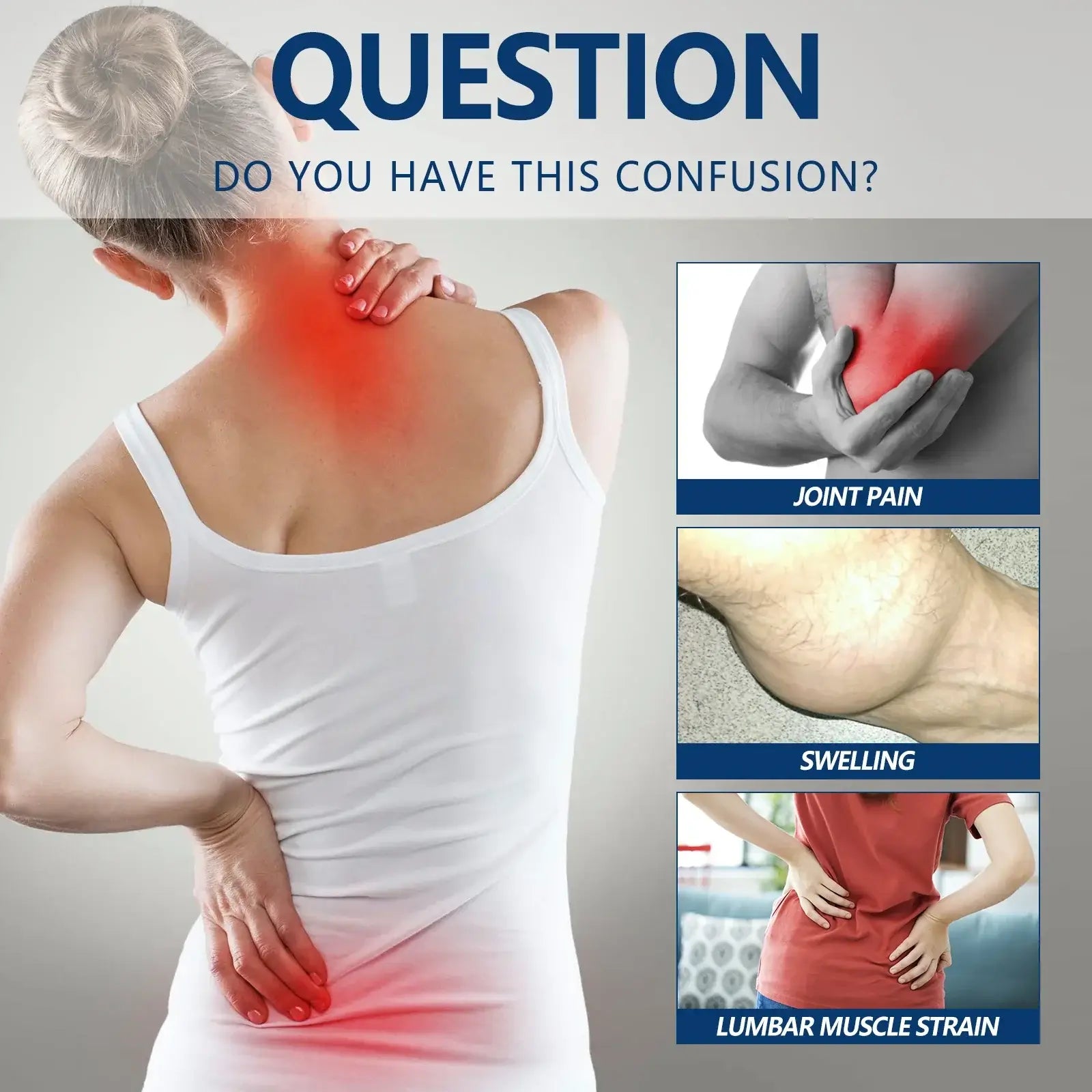 Elderly person supporting waist and neck with Ximonth ointment highlighting three joint areas