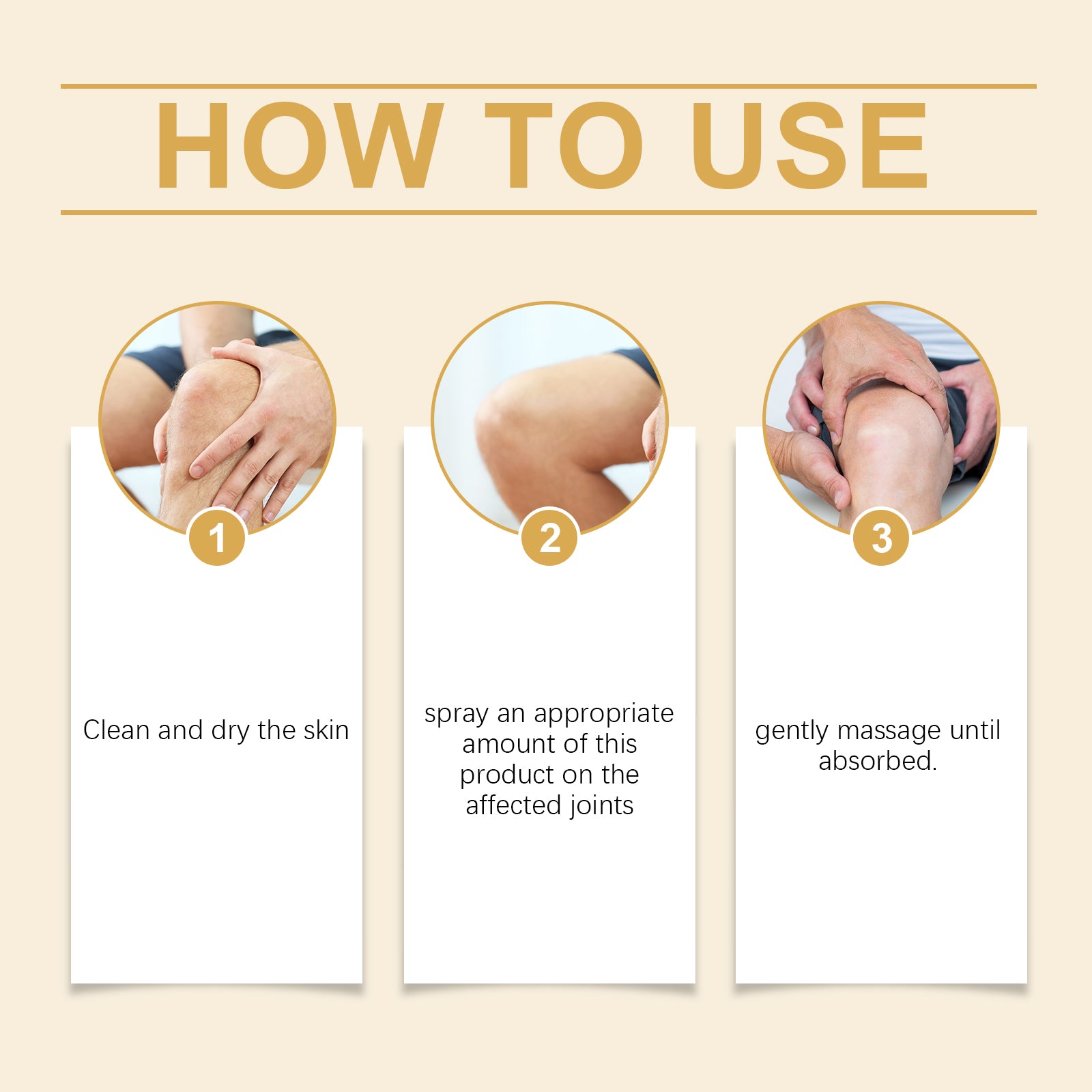 Three illustrated steps for cleaning skin, applying magnesium spray and gentle massage