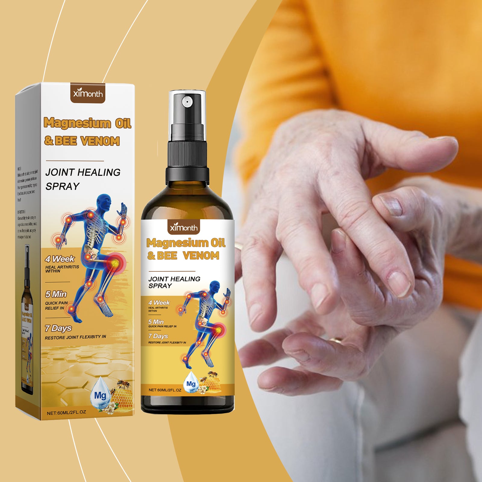 Ximonth 60ml magnesium and turmeric spray bottle and carton beside a wrist-care scene