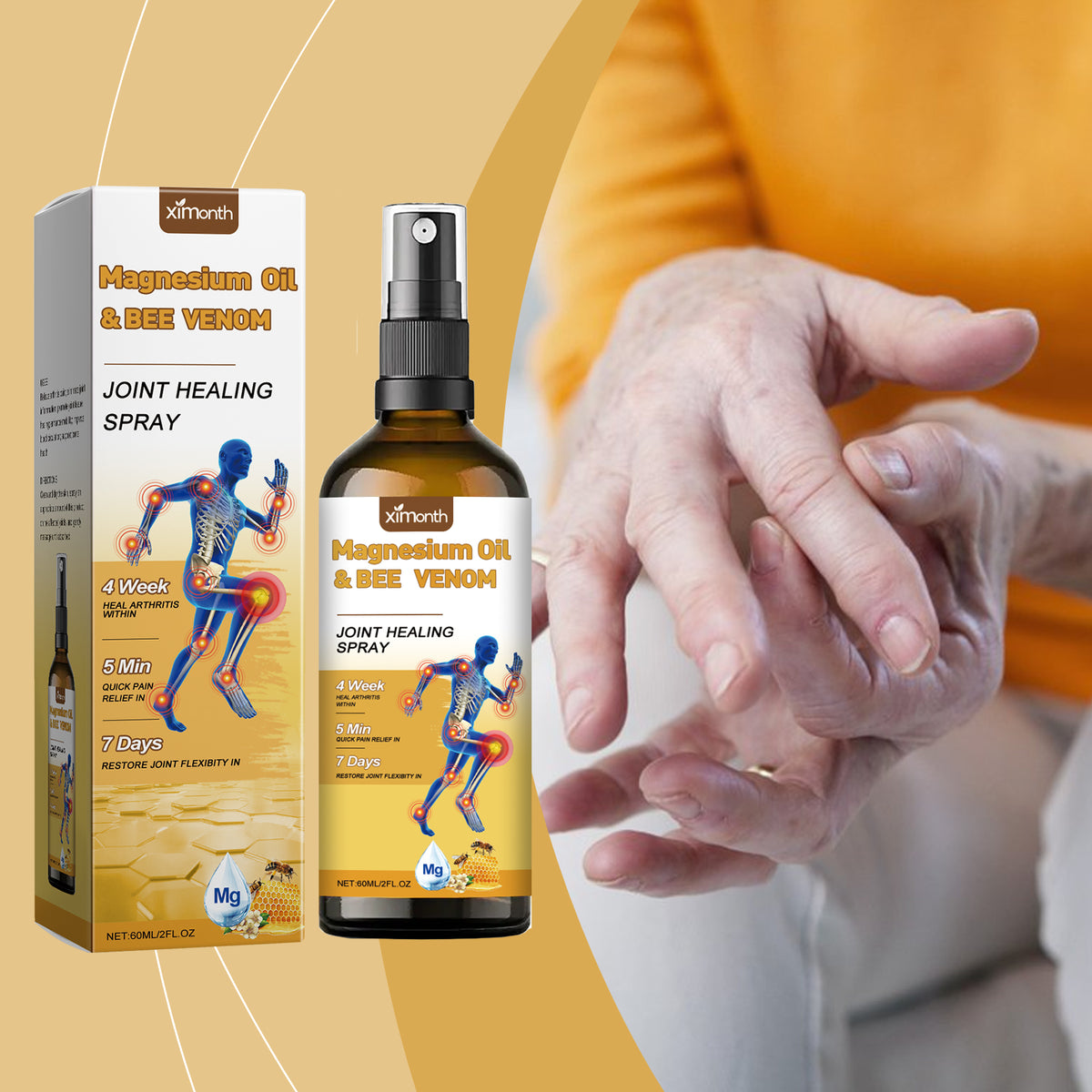 Ximonth 60ml magnesium and turmeric spray bottle and carton beside a wrist-care scene