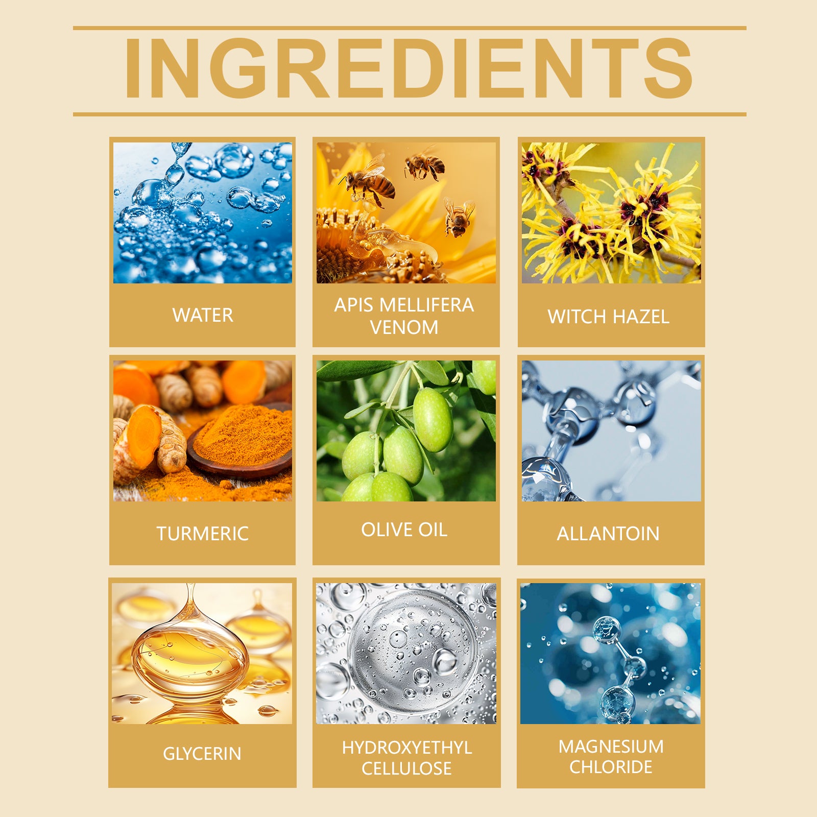 Magnesium spray ingredients including magnesium chloride, turmeric, witch hazel, olive oil and bee venom