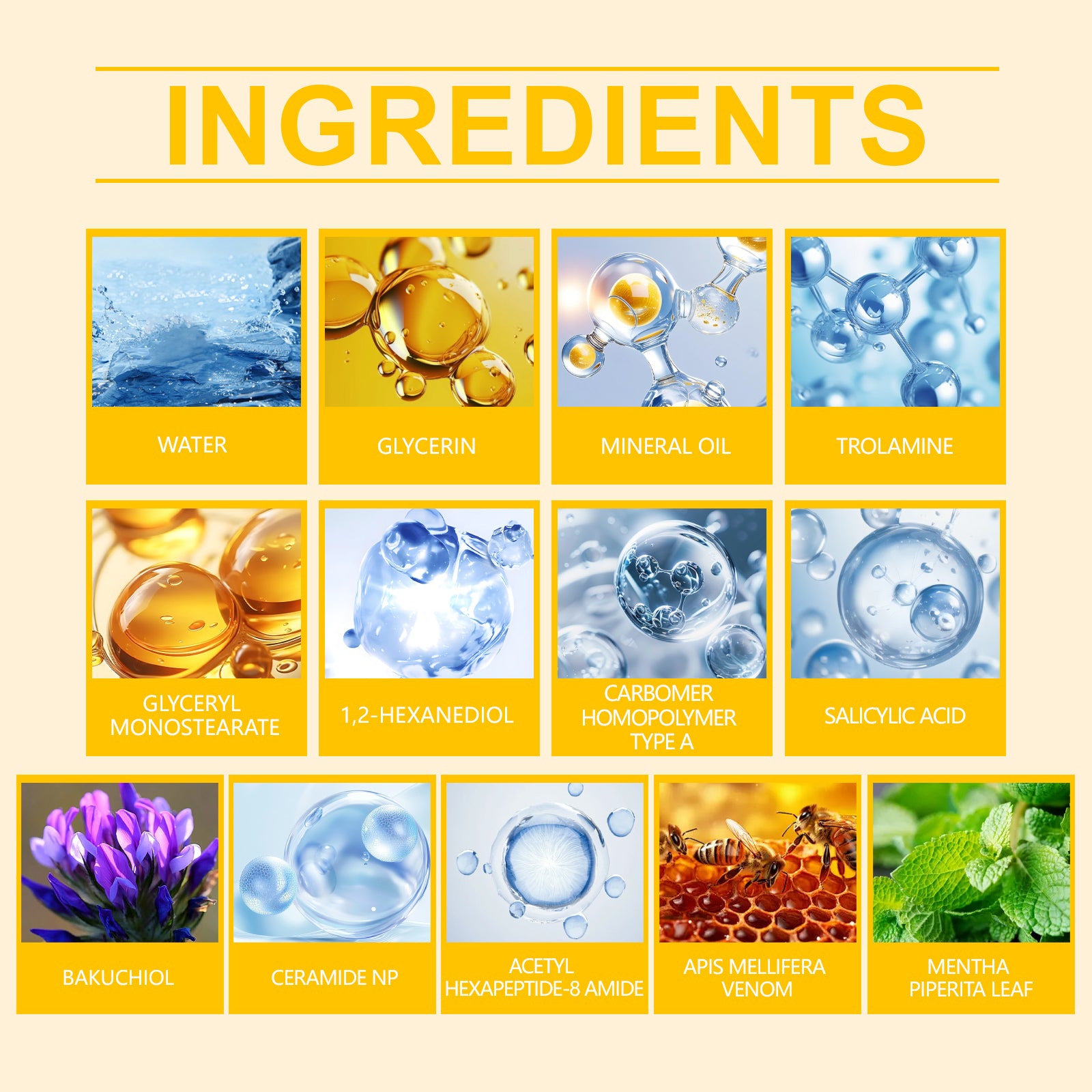 Ingredient panel for XIMONTHS Triple Peptide Moisturizing Skin Cream, showing peptides, salicylic acid, bakuchiol, ceramide NP and bee venom